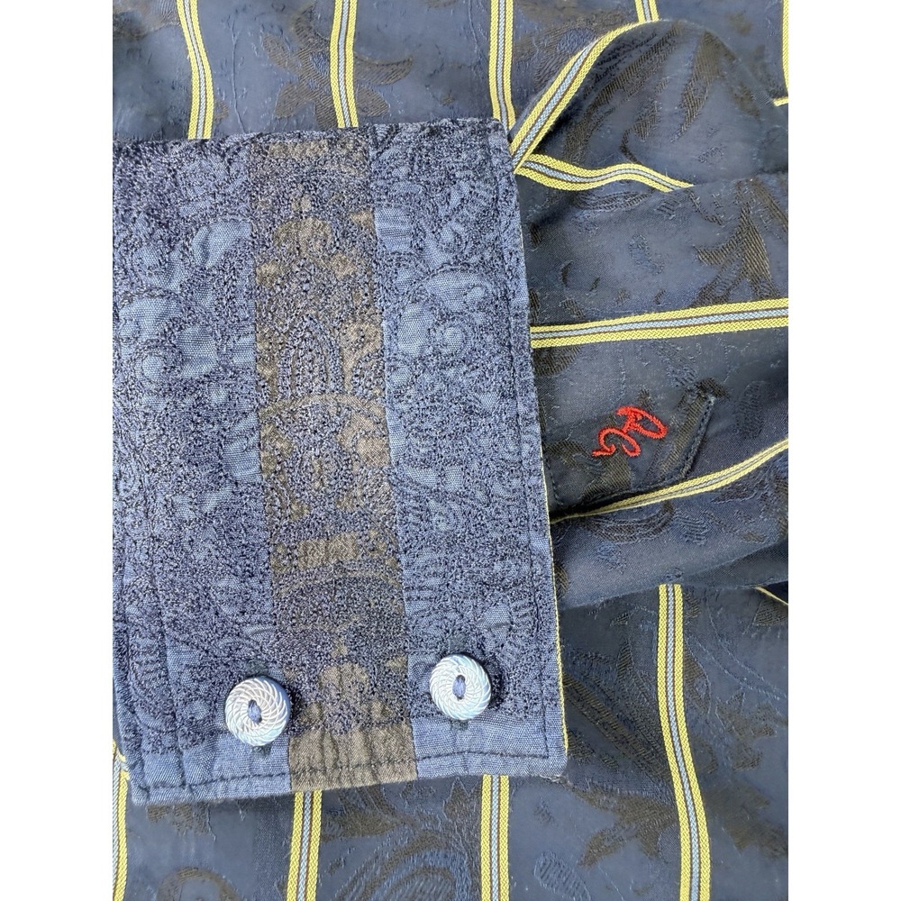 Robert Graham Shirt Mens Large Blue Striped Flip Cuff Paisly Embroidered Woven - Picture 2 of 9